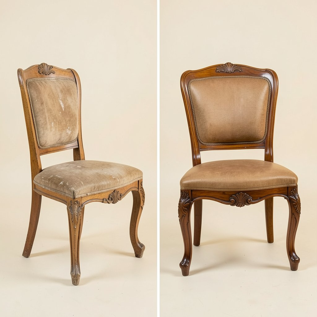 Two matching antique chairs side by side: on the left the chair is worn with faded fabric, on the right it is fully restored