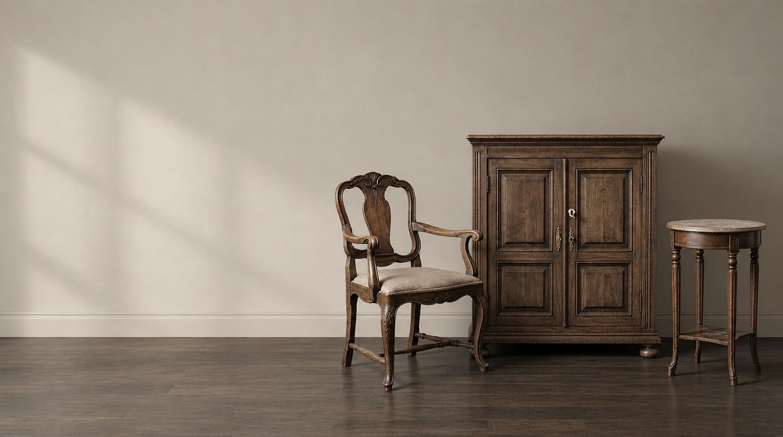 A weathered oak sideboard with a warm patina in a softly lit room