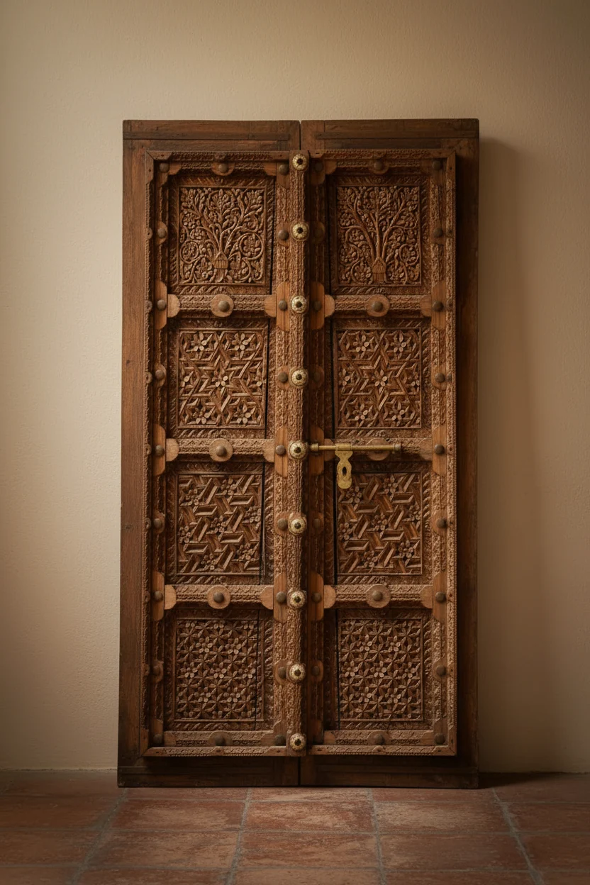 Carved antique wooden chest with aged brass fittings