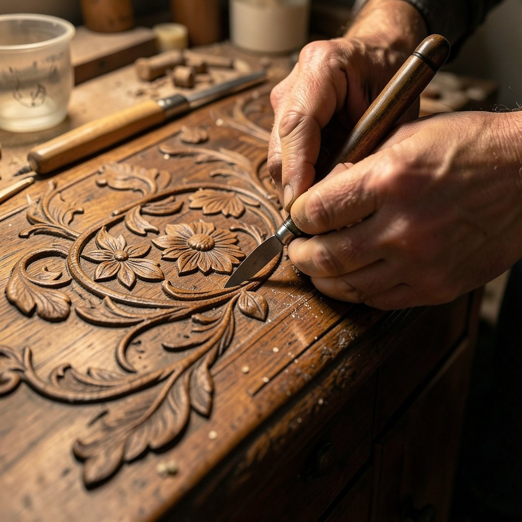 Hands carving a floral pattern into an old wooden surface