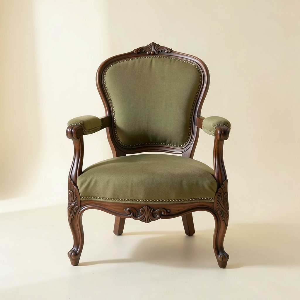 An antique armchair with olive green upholstery and a carved walnut frame