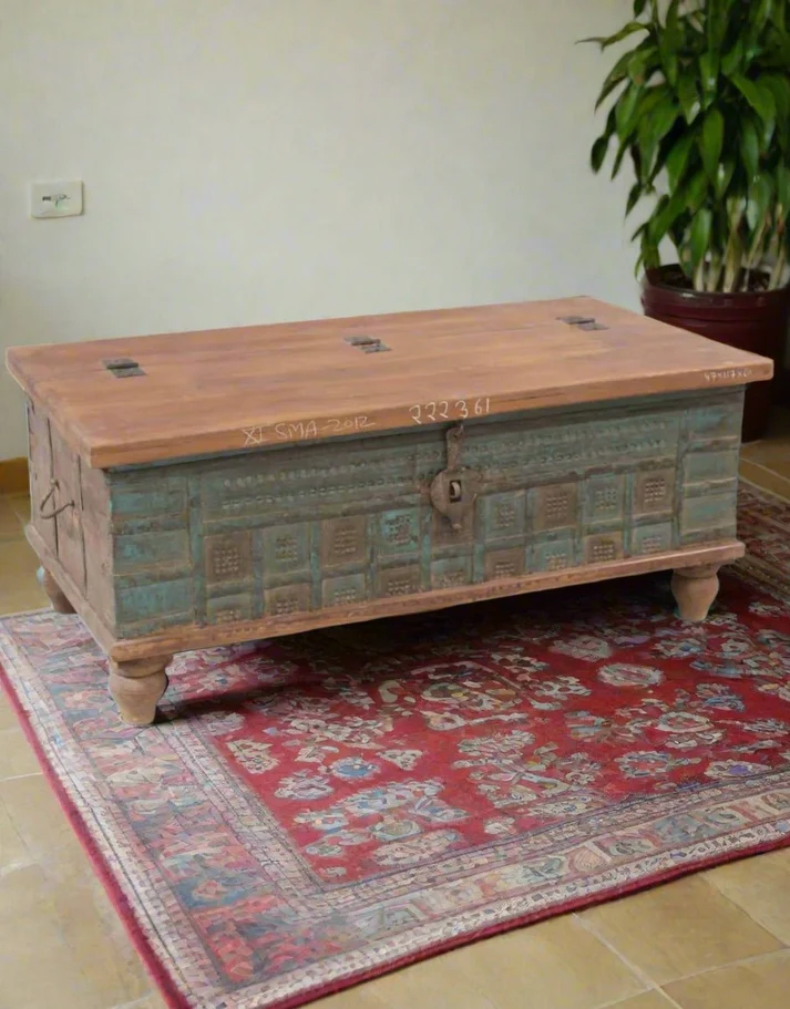 A restored painted storage trunk