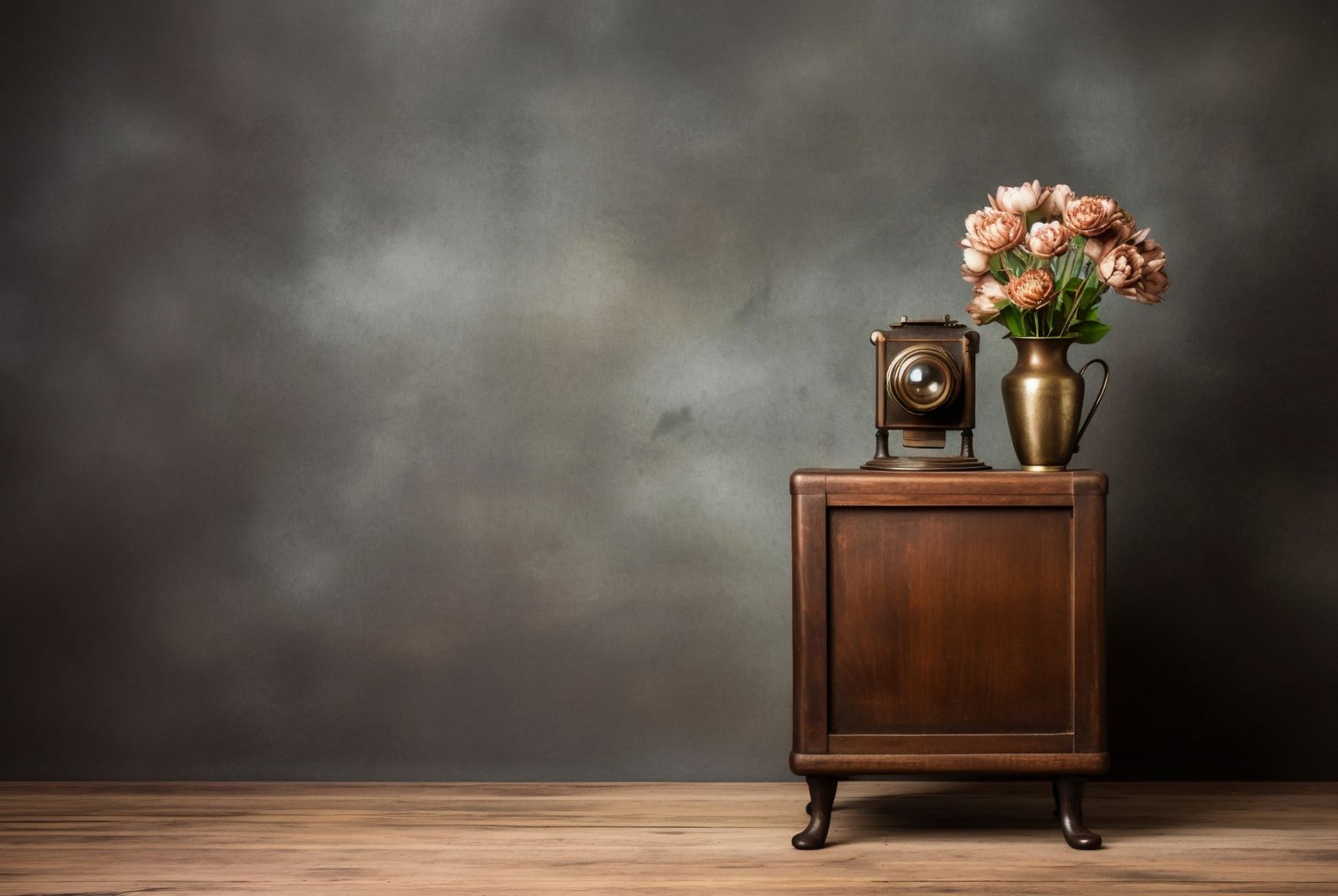 A small antique wooden cabinet with a vase of flowers against a dark, softly lit wall
