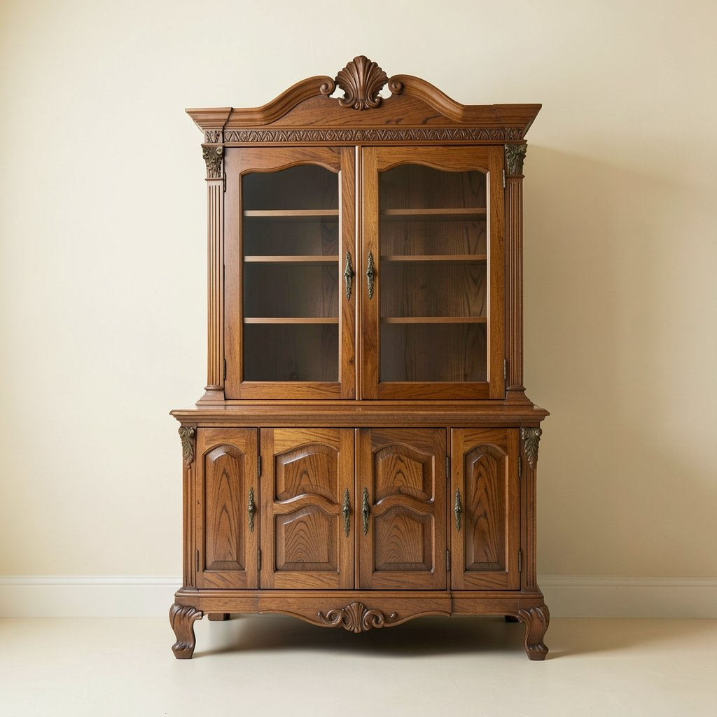 Wooden console with many small drawers under a wall of woven plates