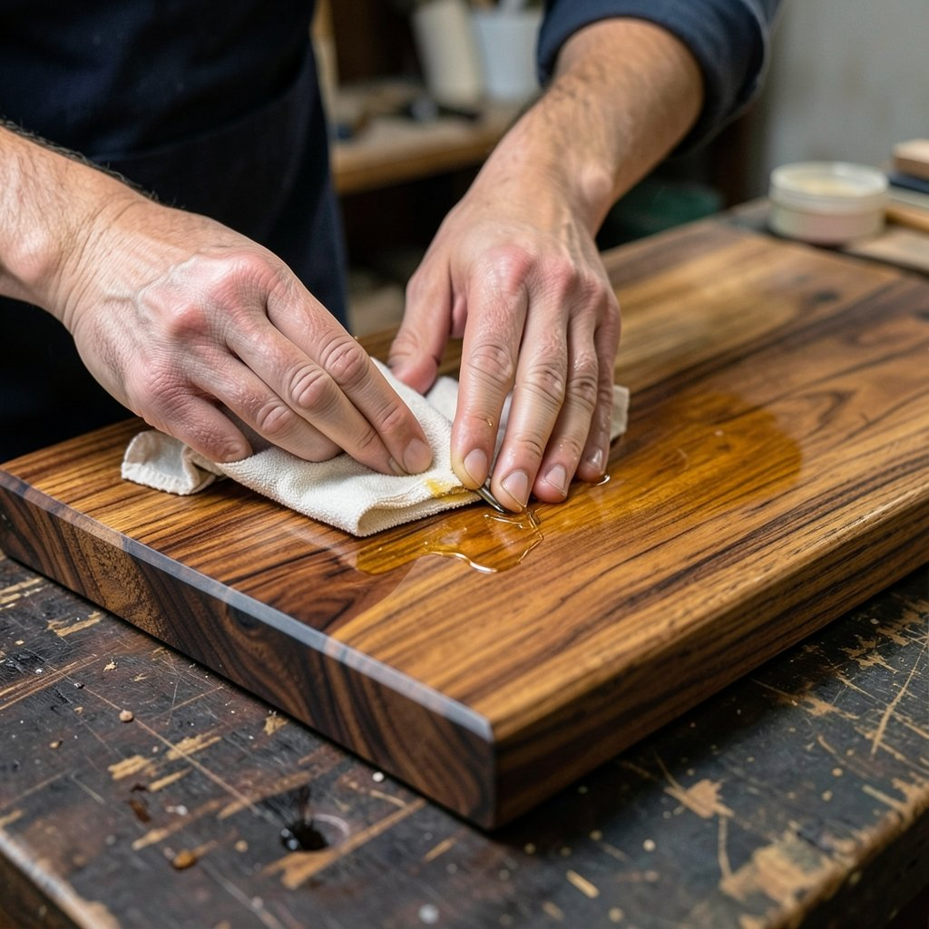 A craftsman wiping a polished walnut board with a cloth